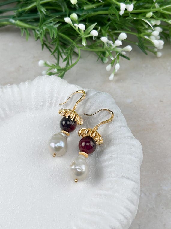 Deep Red Earrings with Burgundy Jade and Baroque Pearl