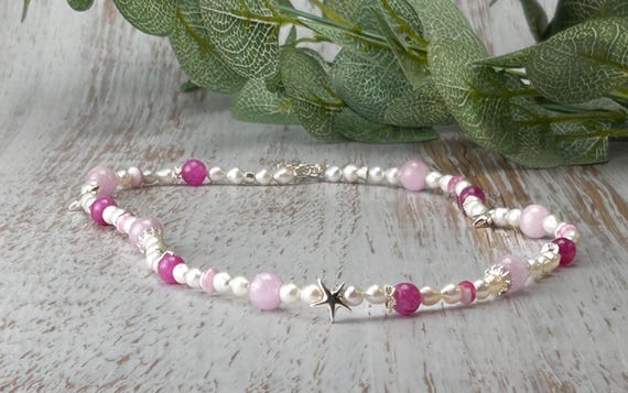 Pearl Beaded Necklace with  Pink Beads