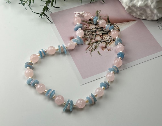 Light Pink Bead Choker with  Aquamarine Beryl Stone