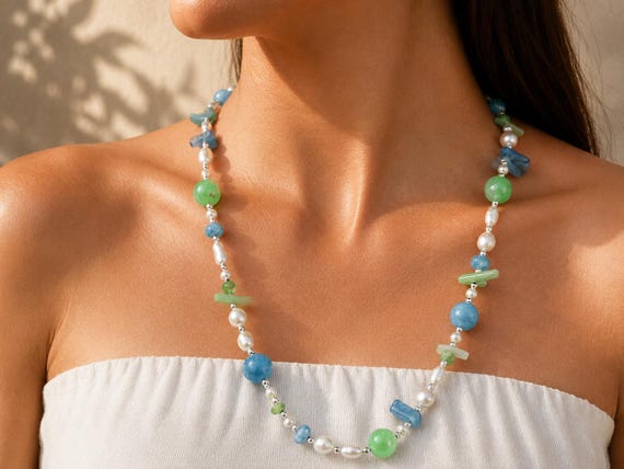 Delicate pearl and blue  gemstone Necklace