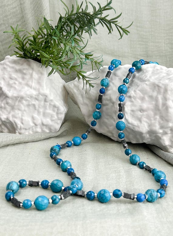 Teal Apatite Bead Necklace with Hematite