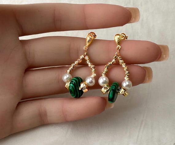 Luxurious Faux Gemstone Malachite Earrings, Deep Green Natural Look Gemstone , Elegant Boho Chic Statement High Fashion Jewelry