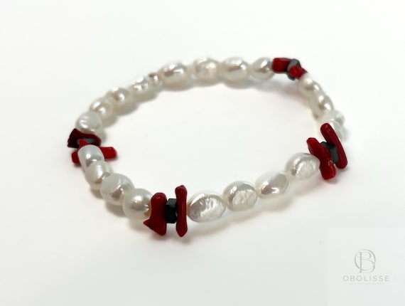 Pearl Statement Bracelet with Natural Red Coral