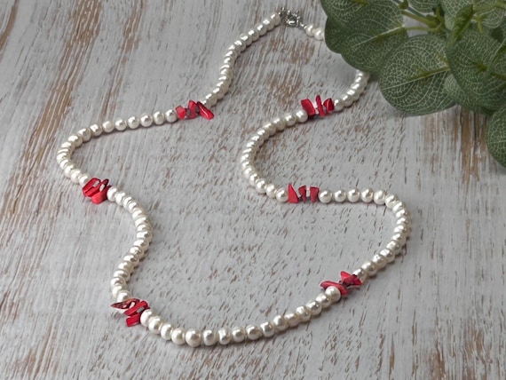 Long Pearl and Red Coral Beaded Necklace, Bold Pearl Chocker, Colourful Red Necklace