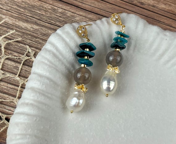Baroque pearl, grey agate  and apatite earrrings