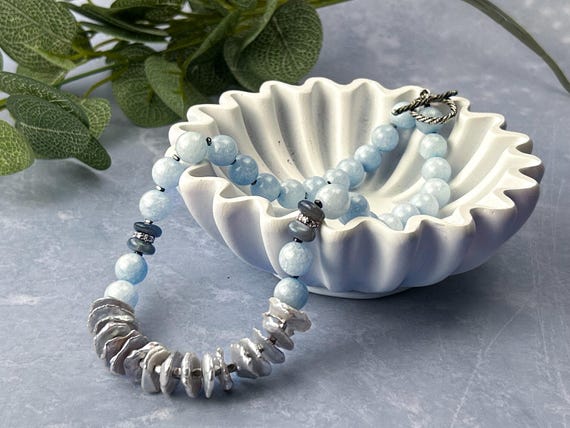 Grey Pearl Necklace with Light Blue Beads