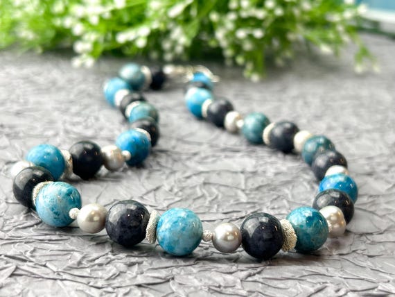Teal blue mixed stones necklace - Birthday Gift