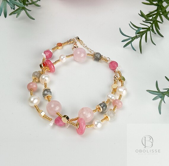 Delicate Pink Boho Beaded Bracelet, Bohemian Stacking Bracelet Hippie Chic Jewelry, Minimalist Charm Bracelet Gift for Her