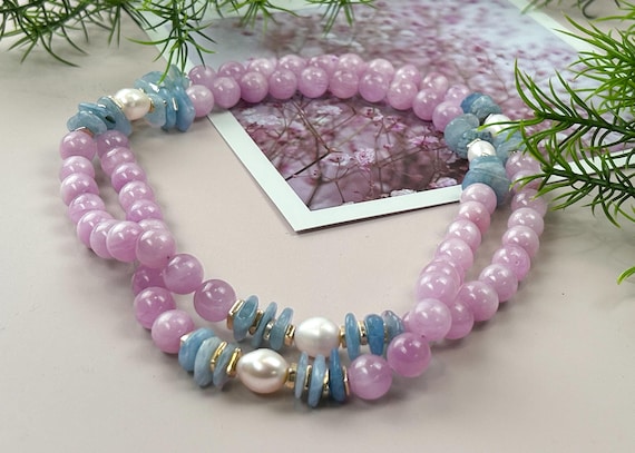 Stunning Long Kunzite Necklaces with Aquamarine and Freshwater Pearls