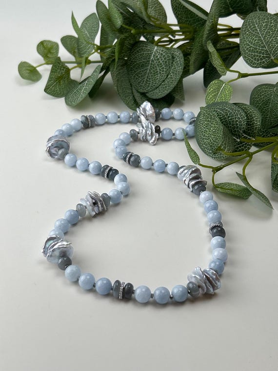 Baroque pearls and light blue aquamarine  long necklace