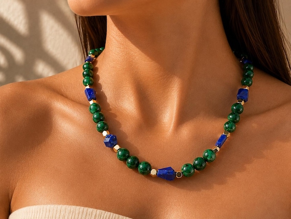 Boho necklace with Lapis Lazuli and Green Chalcedony