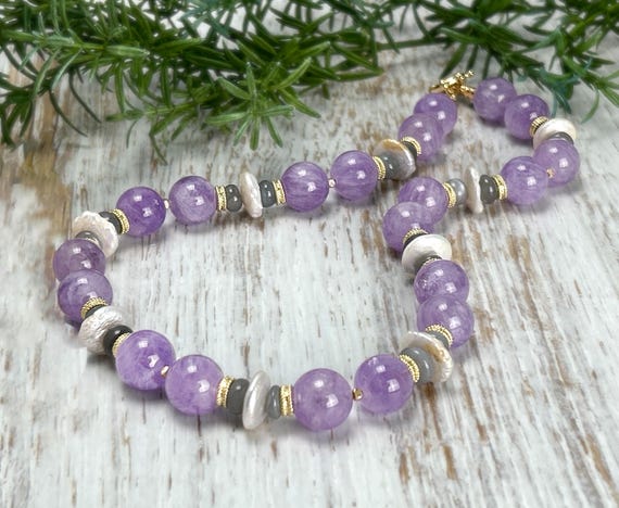 Lavender Jade Beads and Freshwater Pearl Choker Necklace