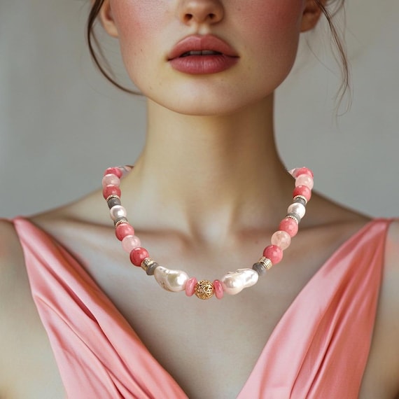 Handmade Pink  Big Baroque Pearl Necklace