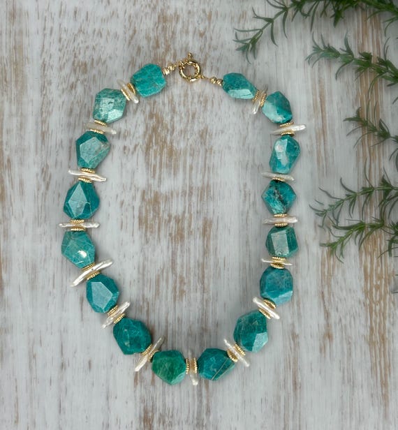 Chunky blue necklace with Pearls and amazonite, modern turquoise color necklace