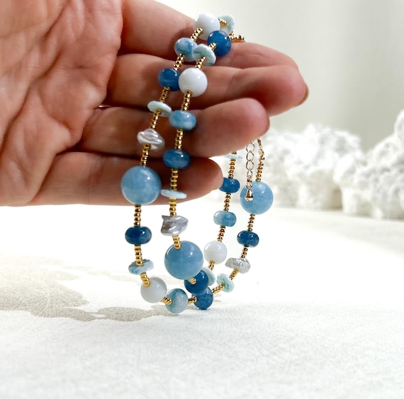 Bracelet or choker with mixed blue gemstones