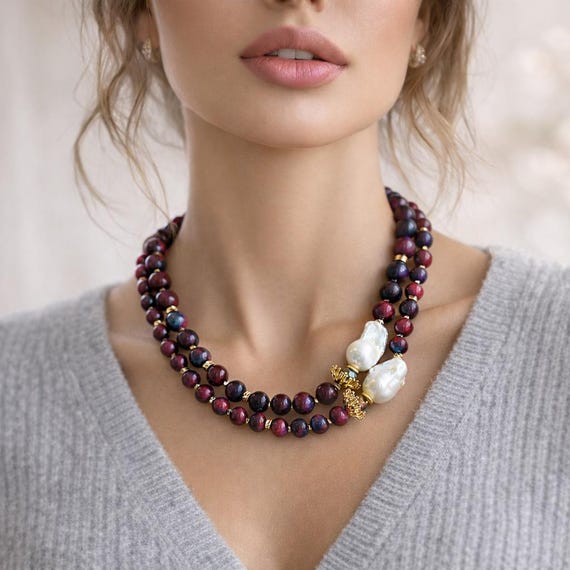 Large Baroque Pearl Necklace with Dark Red Jade