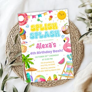 Editable Splish Splash Birthday Invitation Pool Party Birthday Invitation Girly Splash Pad Water Slide Paddling Pool Summer Party beach ball