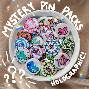 Paquetes de pines misteriosos: pines de personajes y patrones con acabado holográfico / pines de 3,18 cm