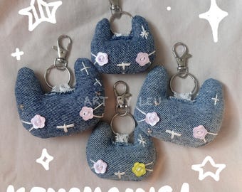 Denim Plush Keychains: Hand Sewn Cat Bag Charms