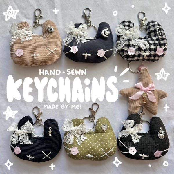 Hand Sewn Cat & Star Plush Keychains: Thrifted Fabric Accessories