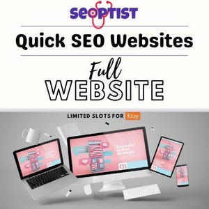 May include: A pink computer monitor with a website mockup on the screen. The website mockup shows a pink and blue design with the text "Successful online strategy." The monitor is floating in the air above a keyboard and a white mouse. The text "Quick SEO Websites Full WEBSITE LIMITED SLOTS FOR Etsy" is at the top of the image.
