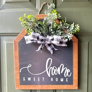 Home Sweet Home Door Sign | Farmhouse Front Door Decor | Rustic Wooden Welcome Sign with Greenery & Buffalo Check Bow | Spring Wreath