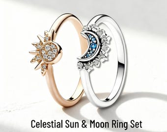 Celestial Sun and Moon Ring Set 925 Sterling Silver|Stackable Rings for Women|18K Champagne Gold/Platinum Plated|Gift for Her|Dainty Jewelry