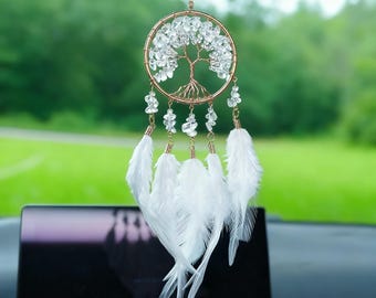 Rainbow Crystal Tree of Life Car Charm | Handmade Feather Dreamcatcher-Style Hanging Decor