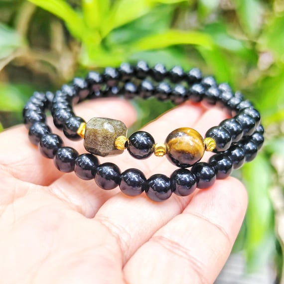 Natural High-grade Black Obsidian Wrap Bracelet – Golden Tiger Eye
