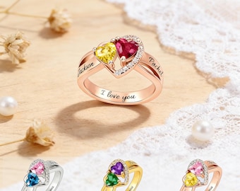 Personalized Double Heart Birthstone Ring with Names, Custom Engraved Gold Ring for Couples, Valentine’s Day Gift