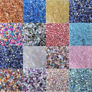 May include: Assortment of small, colourful tumbled stones. The stones are arranged in a grid pattern, with each square showing a different type of stone. The stones are all natural and have been polished to a smooth finish.