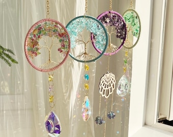 Tree of Life Crystal Suncatcher Wind Chime, Rainbow Prism Maker, Boho Spiritual Window Decor, Healing Crystal Gift for Home or Garden