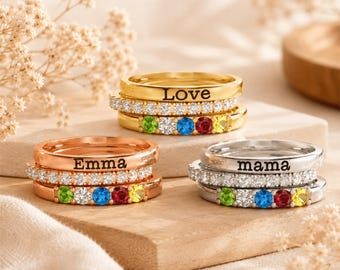 Personalized Birthstone Stacking Ring Set – Custom Name Rings, Gift for Mom, Mother’s Day Jewelry, Family Birthstone Ring