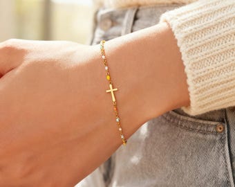 Dainty Sterling Silver Cross Bracelet – Gold Plated Faith Jewelry Gift of Love and Grace