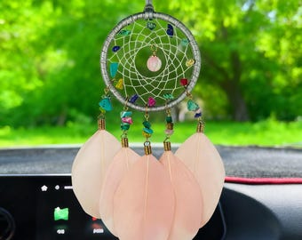 Türkis Feder Traumfänger Auto Anhänger - Boho Rückspiegel Dekor, handgemachtes Kristall Auto Hängeornament