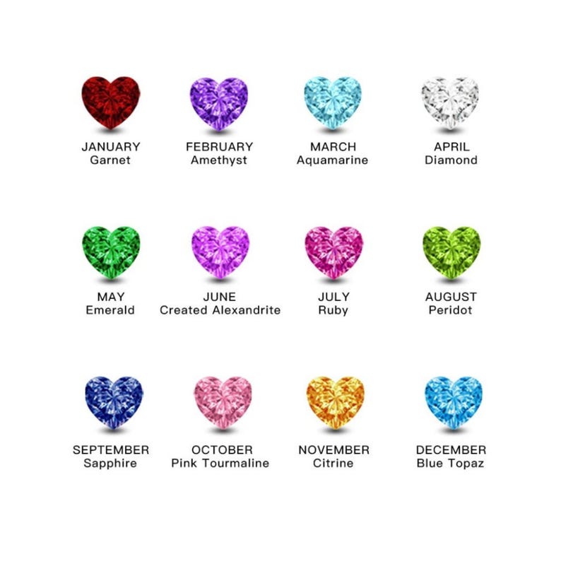 May include: A collection of heart-shaped gemstones representing birthstones for each month of the year. The gemstones are in various colors, including red, purple, blue, green, and yellow, with the month and gemstone name below each.