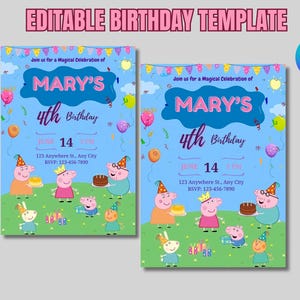 Peppa Pig Geburtstagseinladung bearbeitbar Party einladen, Kinder Geburtstag einladen, sofort druckbare Einladung, Canva Vorlage für Kinderparty