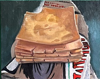Tableau faux fromage encadré - Huile contemporaine 20 x 10 po.