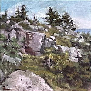 Felsiger Gipfel Ölgemälde: Gerahmte Berglandschaft Kunst