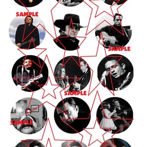May include: A collage of black and white photos of a man with a guitar. The photos are arranged in a circle with red stars around them. The photos are all different sizes and shapes.