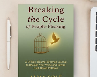 May include: A book cover with the title "Breaking the Cycle of People-Pleasing" in a serif font. The cover features a gold bird escaping a cage, set against a green gradient background. The author's name, Alma Solé, is at the bottom.