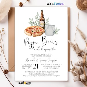 Pizza Brews and Diapers Too Baby Shower Invite, Pizza Baby Shower, Gender Neutral CoEd Baby Shower, Downloadable Digital Invite Template