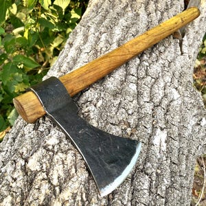 May include: A hand axe with a dark metal head and a wooden handle. The axe head is black with a silver edge. The handle is a light brown colour. The axe is resting on a textured, light brown tree trunk.