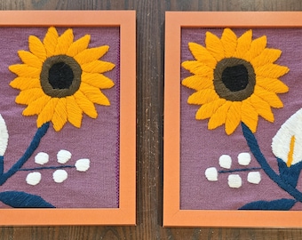 Handmade Vintage Mexican Crewel Embroidery Framed Art: Sunflowers Set of Two