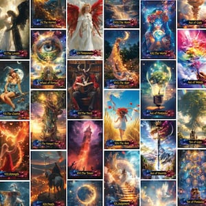Może przedstawiać: Kolekcja kart tarota z grafiką fantasy. Każda karta przedstawia unikalne ilustracje z żywymi kolorami i symbolicznymi obrazami. Karty przedstawiają postacie, krajobrazy i elementy niebieskie, odpowiednie do wr&oacute;żenia i praktyk duchowych.