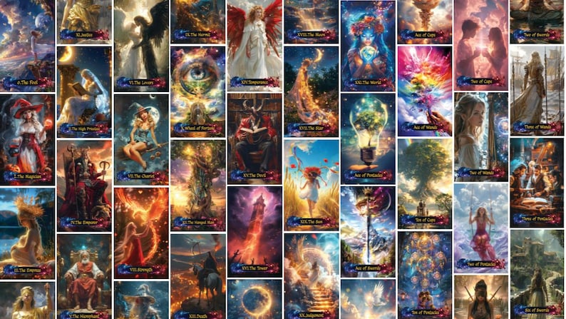 Może przedstawiać: Kolekcja kart tarota z grafiką fantasy. Każda karta przedstawia unikalne ilustracje z żywymi kolorami i symbolicznymi obrazami. Karty przedstawiają postacie, krajobrazy i elementy niebieskie, odpowiednie do wr&oacute;żenia i praktyk duchowych.