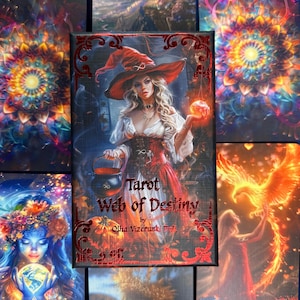 Może przedstawiać: Talia kart tarota z fantastycznymi ilustracjami. Centralna karta przedstawia kobietę w kapeluszu czarownicy z napisem "Tarot Web of Destiny". Inne karty przedstawiają niebiańskie i mistyczne sceny, w tym "Słońce" i "Świat".