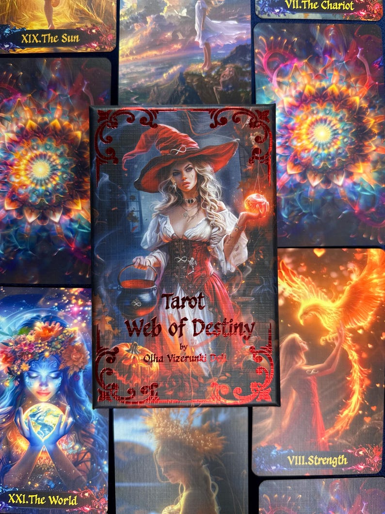 Może przedstawiać: Talia kart tarota z fantastycznymi ilustracjami. Centralna karta przedstawia kobietę w kapeluszu czarownicy z napisem "Tarot Web of Destiny". Inne karty przedstawiają niebiańskie i mistyczne sceny, w tym "Słońce" i "Świat".