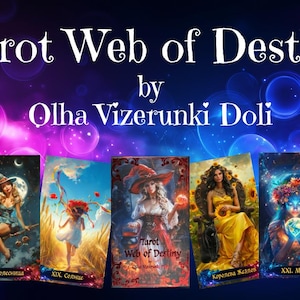 Może przedstawiać: Obraz promocyjny dla talii kart tarota zatytułowanej "Tarot Web of Destiny" autorstwa Olhy Vizerunki Doli. Obraz przedstawia kilka kart tarota z kolorowymi ilustracjami, na fioletowo-niebieskim tle z efektami bokeh. Karty mają r&oacute;żne obrazy i tytuły.