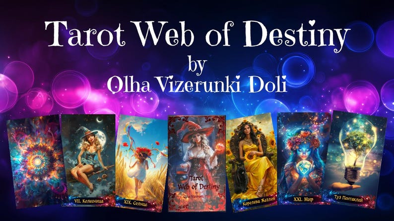 Może przedstawiać: Obraz promocyjny dla talii kart tarota zatytułowanej "Tarot Web of Destiny" autorstwa Olhy Vizerunki Doli. Obraz przedstawia kilka kart tarota z kolorowymi ilustracjami, na fioletowo-niebieskim tle z efektami bokeh. Karty mają r&oacute;żne obrazy i tytuły.
